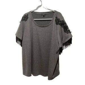 Lane Bryant Gray Fringe Sleeve Top W/ Black Floral Appliqué Womens Plus Size 26/